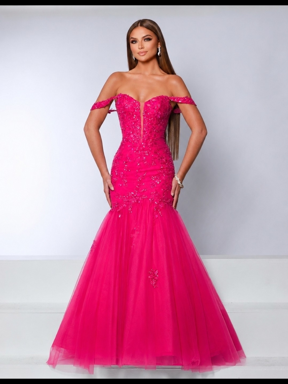 2 Cute Fuchsia Off-Shoulder Mermaid Prom Gown